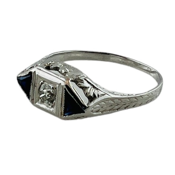 14K White Gold Diamond Lab Created Sapphire Filigree Ring 4.75 #15675 - Picture 9 of 9